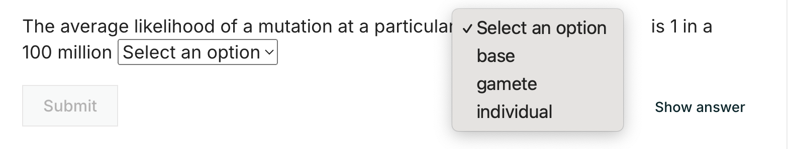 Clicking on the first dropdown, the options "base", "gamete", and "individual" are displayed.