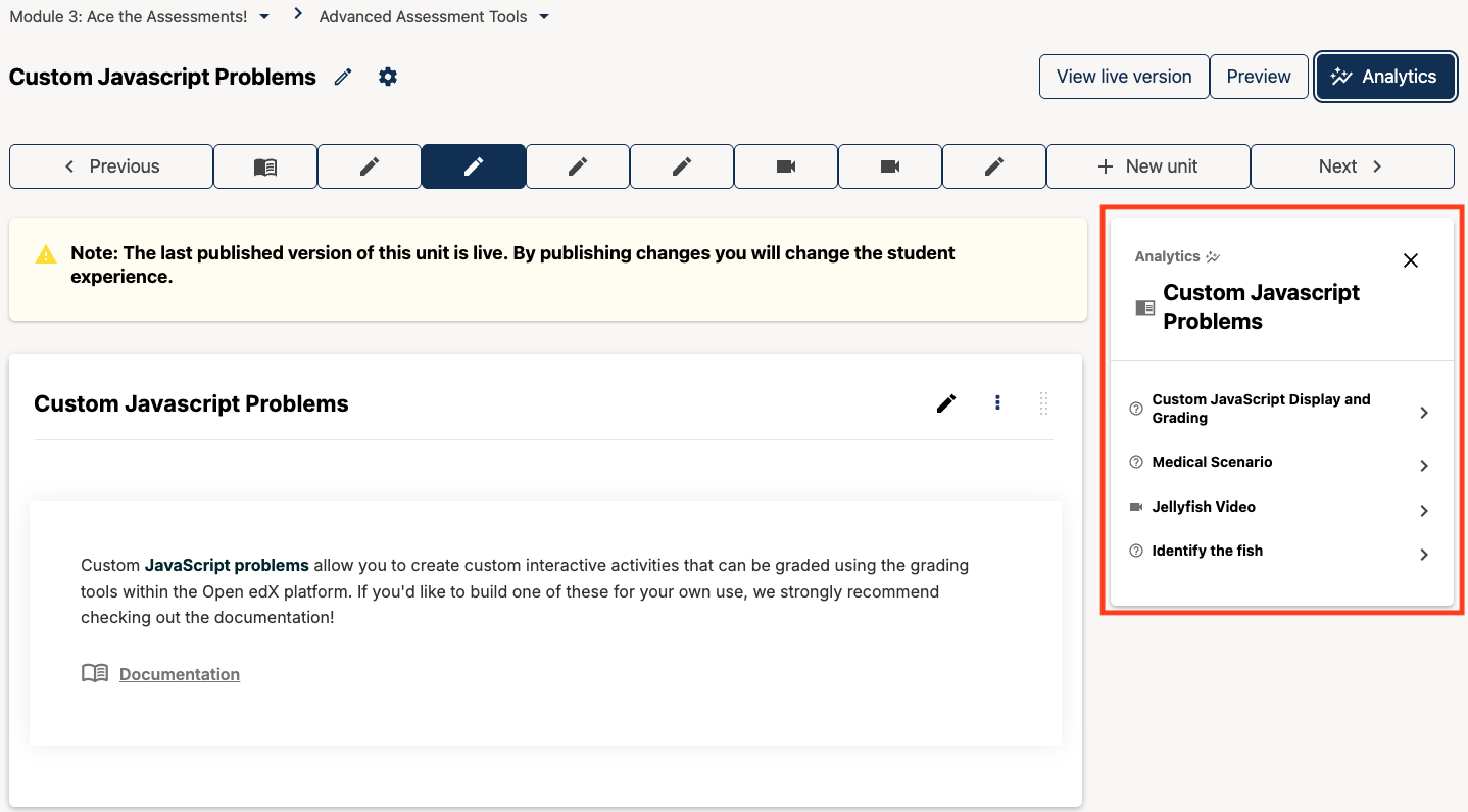 A screenshot of the analytics sidebar in the context of editing a specific unit