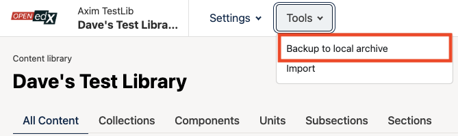 A screenshot of the Library Tools menu, with the first option being "Backup to local archive"