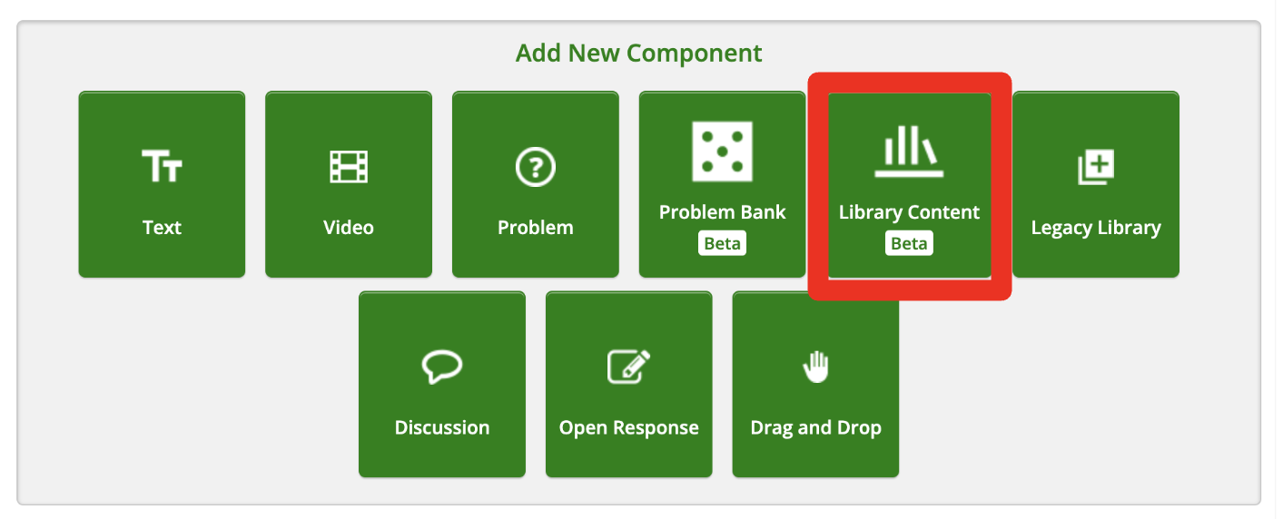 A screenshot of the Add New Component section of the Unit Page, highlighting the Library Content tile