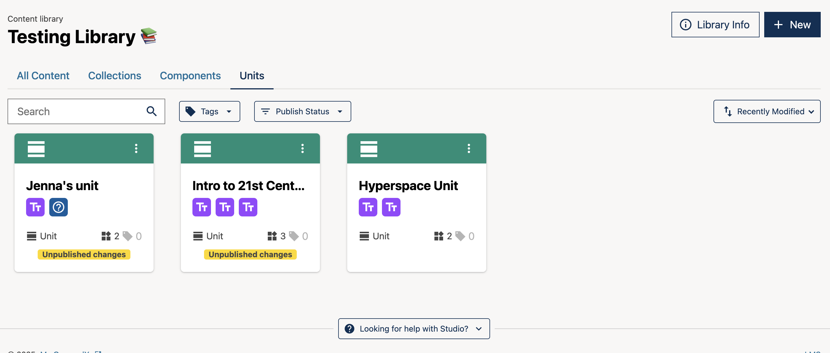 A screenshot showing units within a library