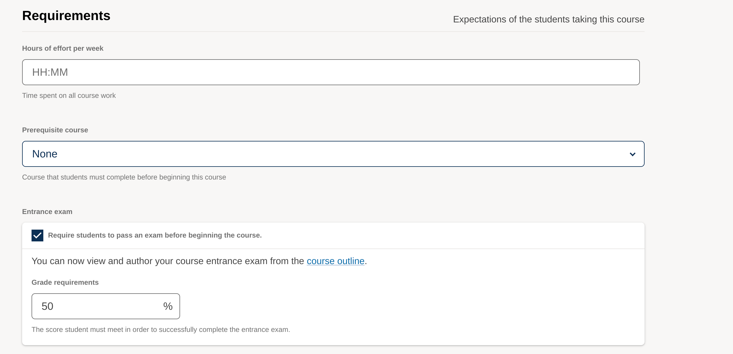 The "Require students to pass an exam before accessing course materials" checkbox appears at the bottom of the "Requirements" section.